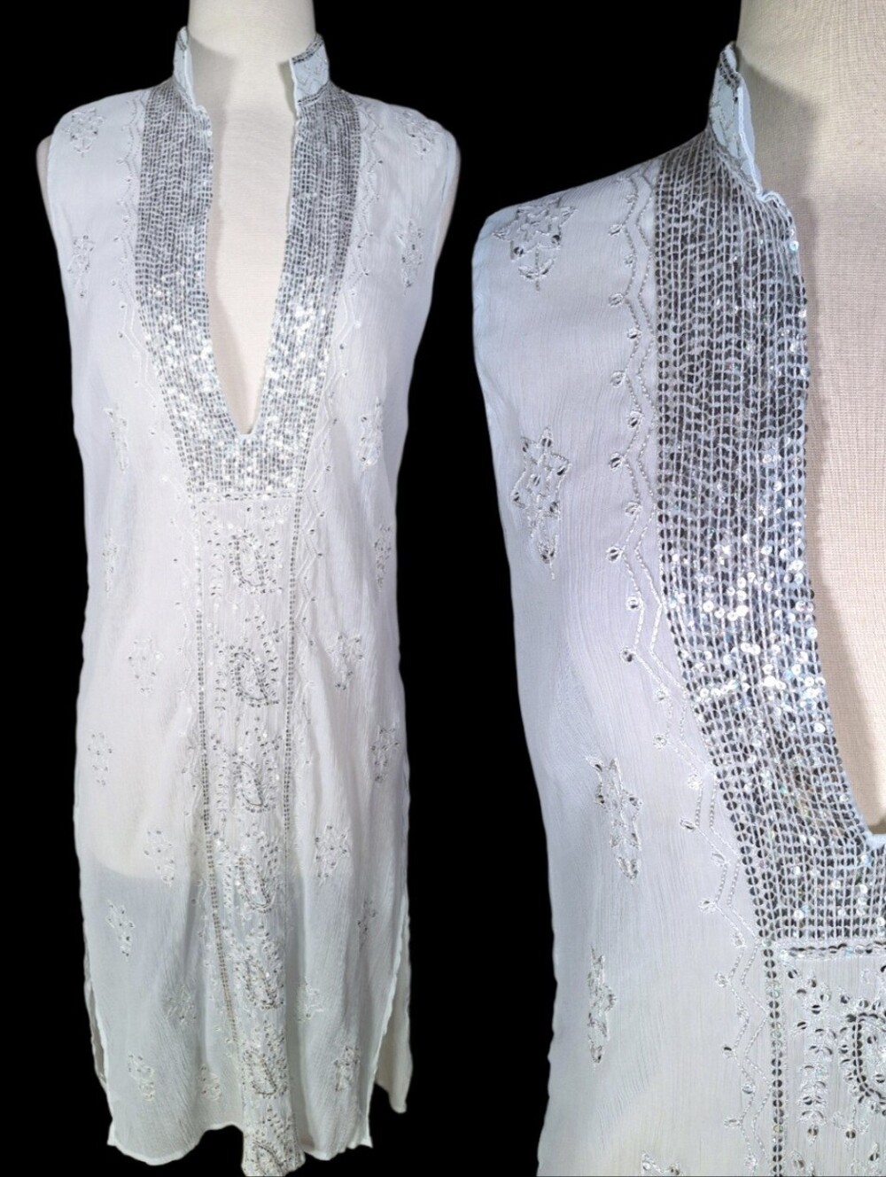 Y2K Sheer Silk Sleeveless Tunic Top Sequin Embroidered Art Deco Ethereal Kurti